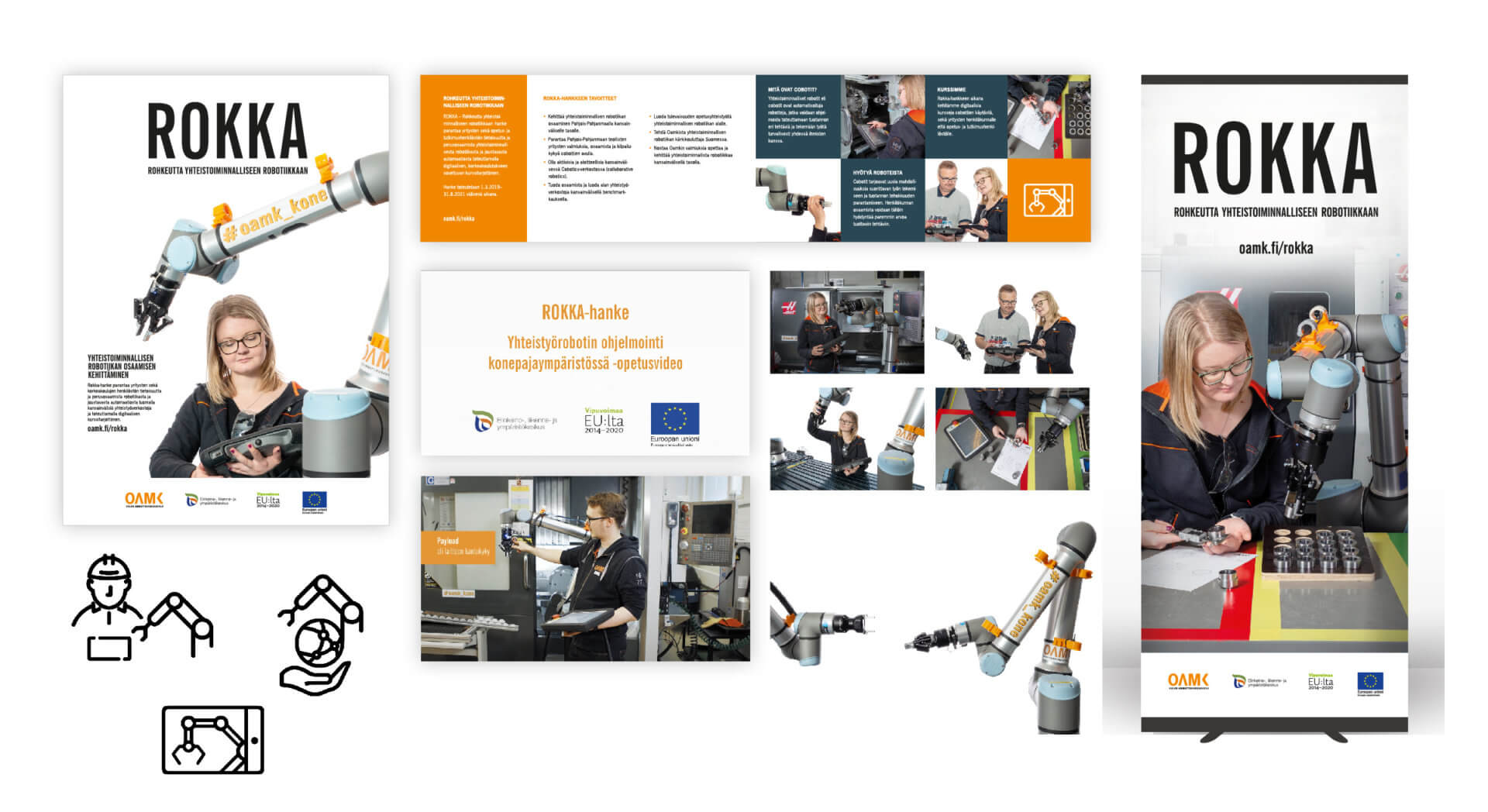 Design Inspiksen suunnittelemaa viestintämateriaalia Oulun ammattikorkeakoulun Rokka-hankkeelle