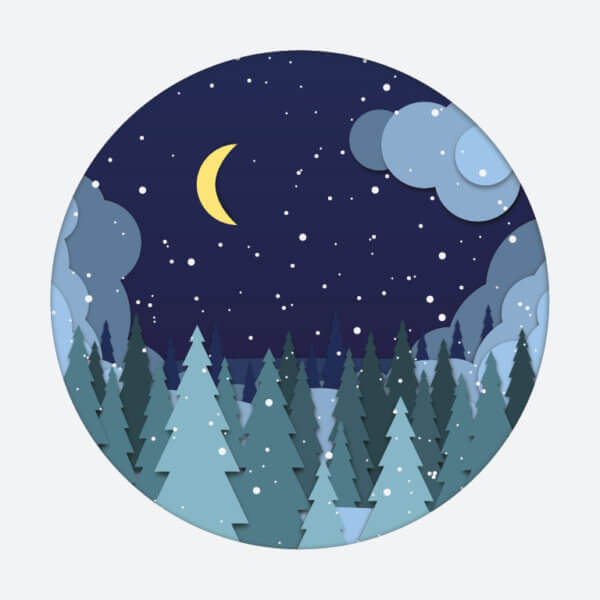 Graafinen kuva talvisesta maisemasta pyöreän muodon sisällä, kuun sirppi, tumma taivas sekä kuusimetsää lumisateessa.