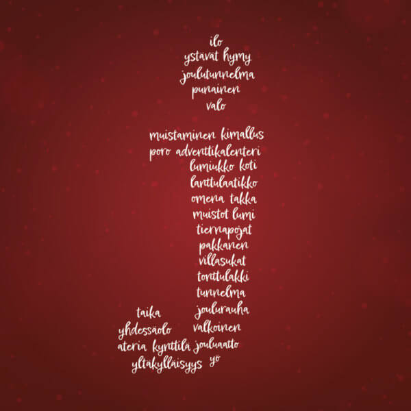 Graafinen kuva punaisella taustalla, kuvassa jouluun liittyviä sanoka kaunolla kirjoitettuna, jotka muodosta j-kirjaimen muodon.
