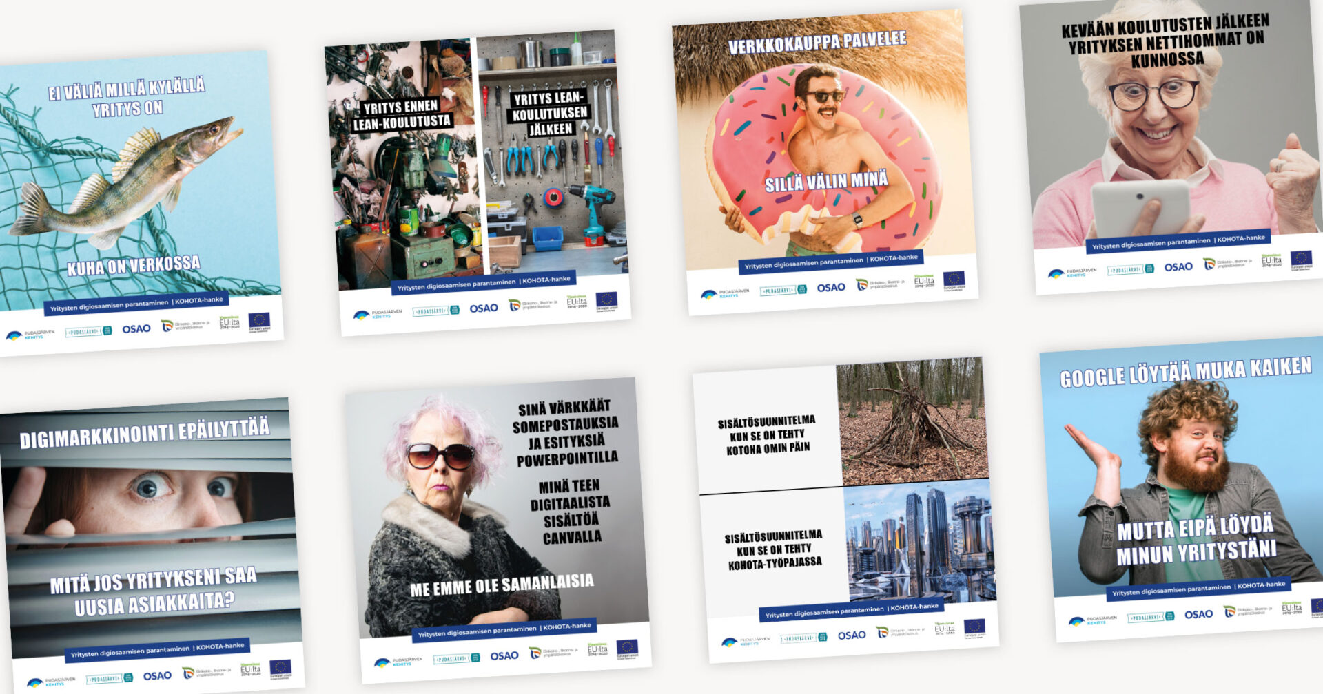 Esimerkkejä Kohota-hankkeen meemijulkaisuista.