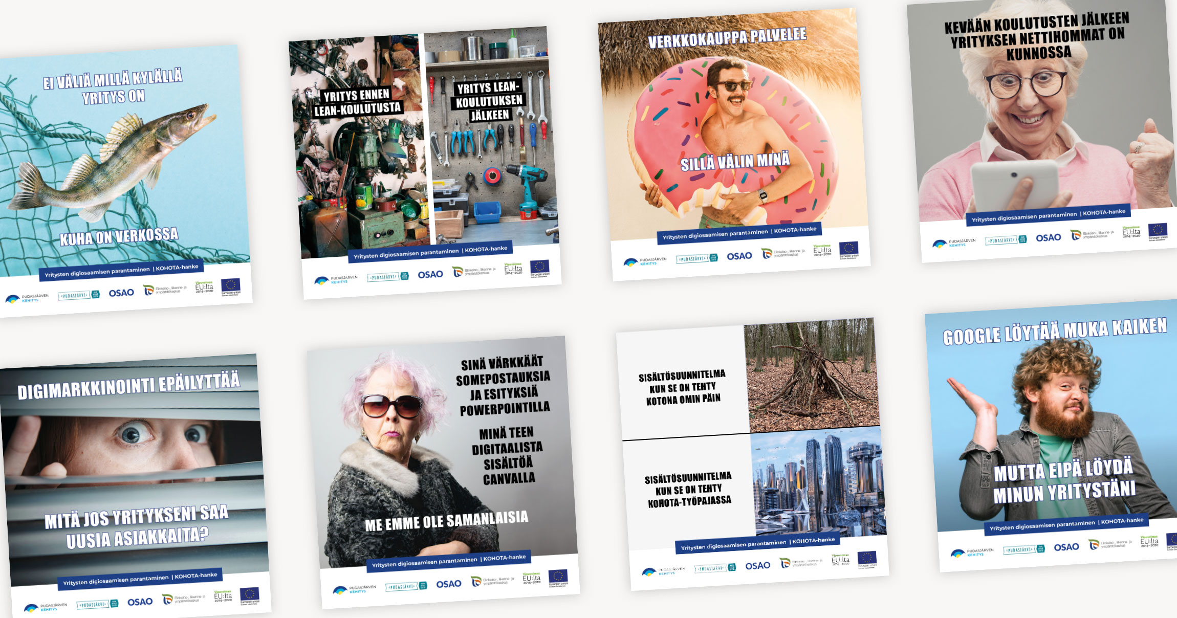 Esimerkkejä Kohota-hankkeen meemijulkaisuista.