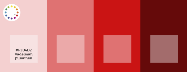 Yksiväriharmoniaa esittelevä punasävyinen väripaletti, jossa vaalea vadelmanpunainen syvenee vähitellen tummempiin punaisen sävyihin. Kuvassa näkyy myös sävyjen eteneminen vaaleasta tummaan.