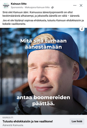 Kuva mainoksesta. Kuvassa nuori mies ja lisäksi teksti "Mitä sitä turhaan äänestämään, antaa boomereiden päättää".