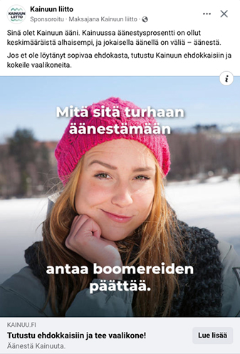 Kuva mainoksesta. Kuvassa nuori nainen ja lisäksi teksti "Mitä sitä turhaan äänestämään, antaa boomereiden päättää".