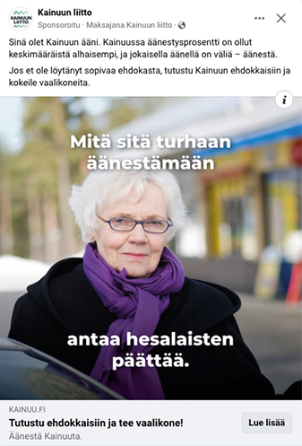 Kuva mainoksesta. Kuvassa vanhempi nainen ja lisäksi teksti "Mitä sitä turhaan äänestämään, antaa hesalaisten päättää".