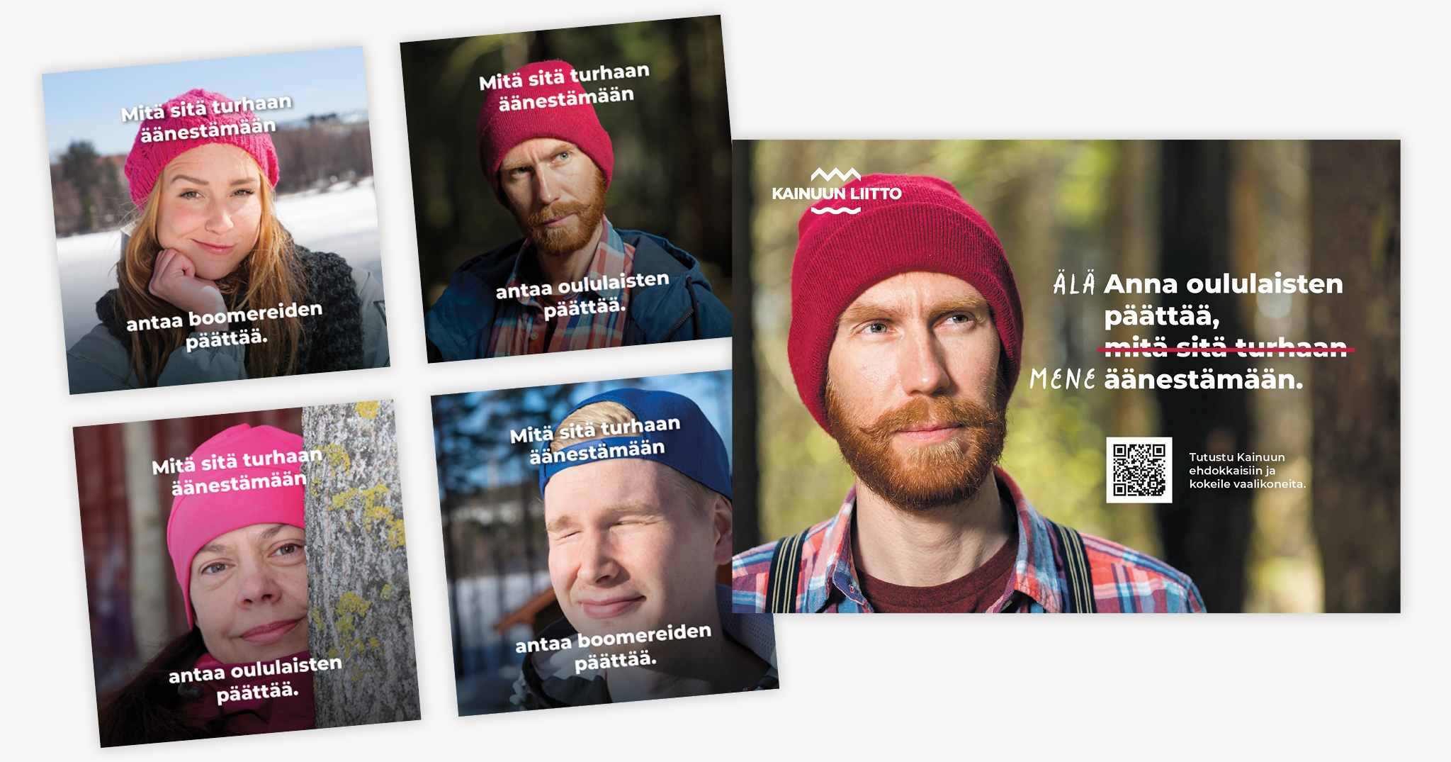 Koontikuva kampanjan mainoskuvista sekä lehti-ilmoituksesta.