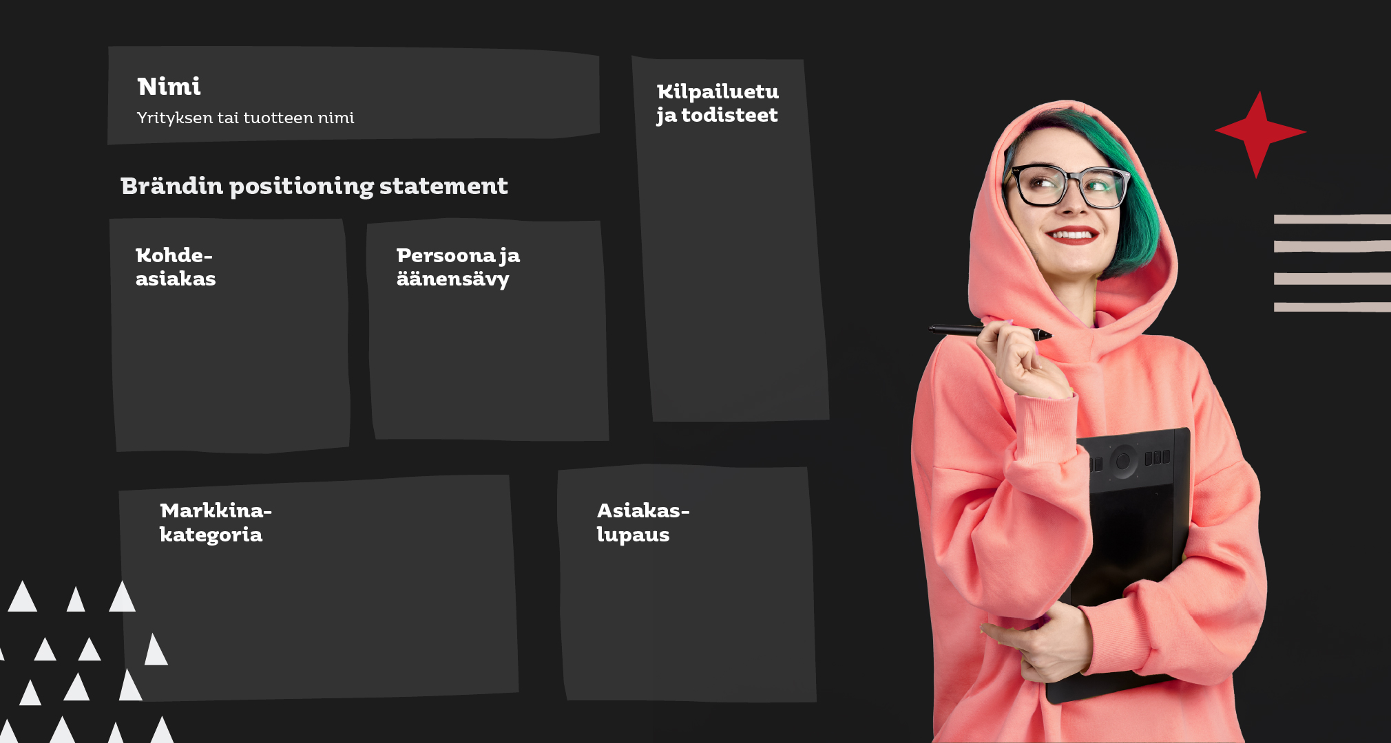 Graafinen suunnittelija pohtii brändin taustatekijöitä.