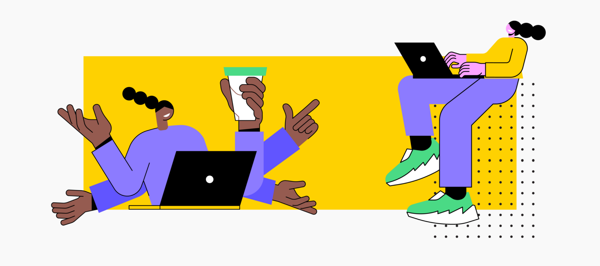 Graafisen suunnittelun trendit: minimalistiset viivapiirrokset, rohkeat graafiset taustakuviot ja 3D-grafiikka.