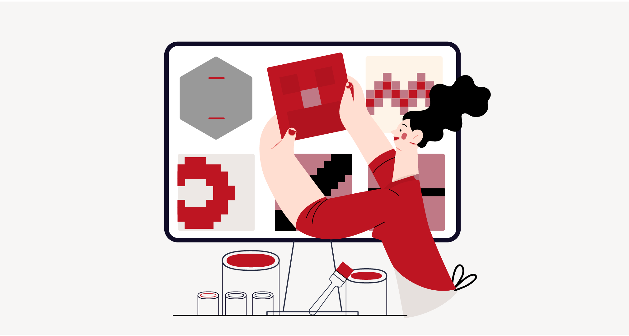 Verkkosivujen sisällöntuotanto: piirroshahmo asettelee kuvia näyttöruudulle.