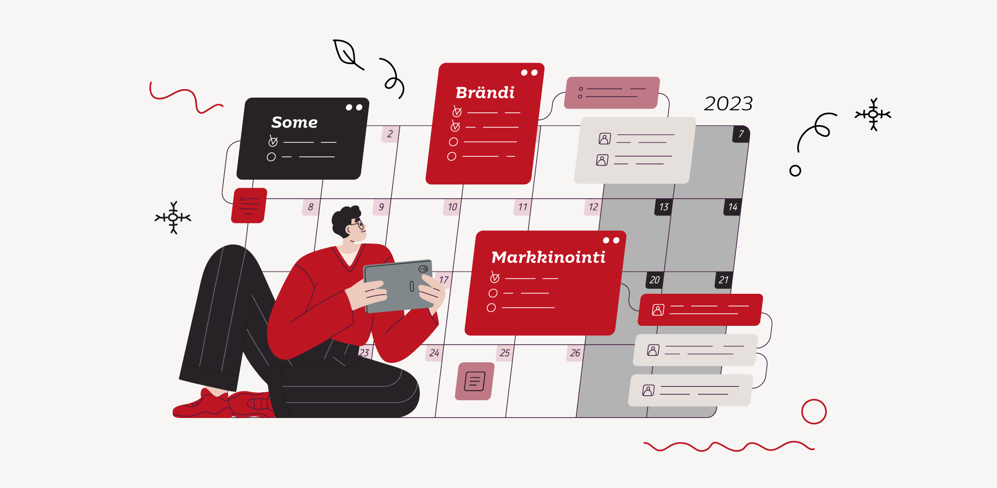 Markkinoinnin osa-alueita kalenterissa.