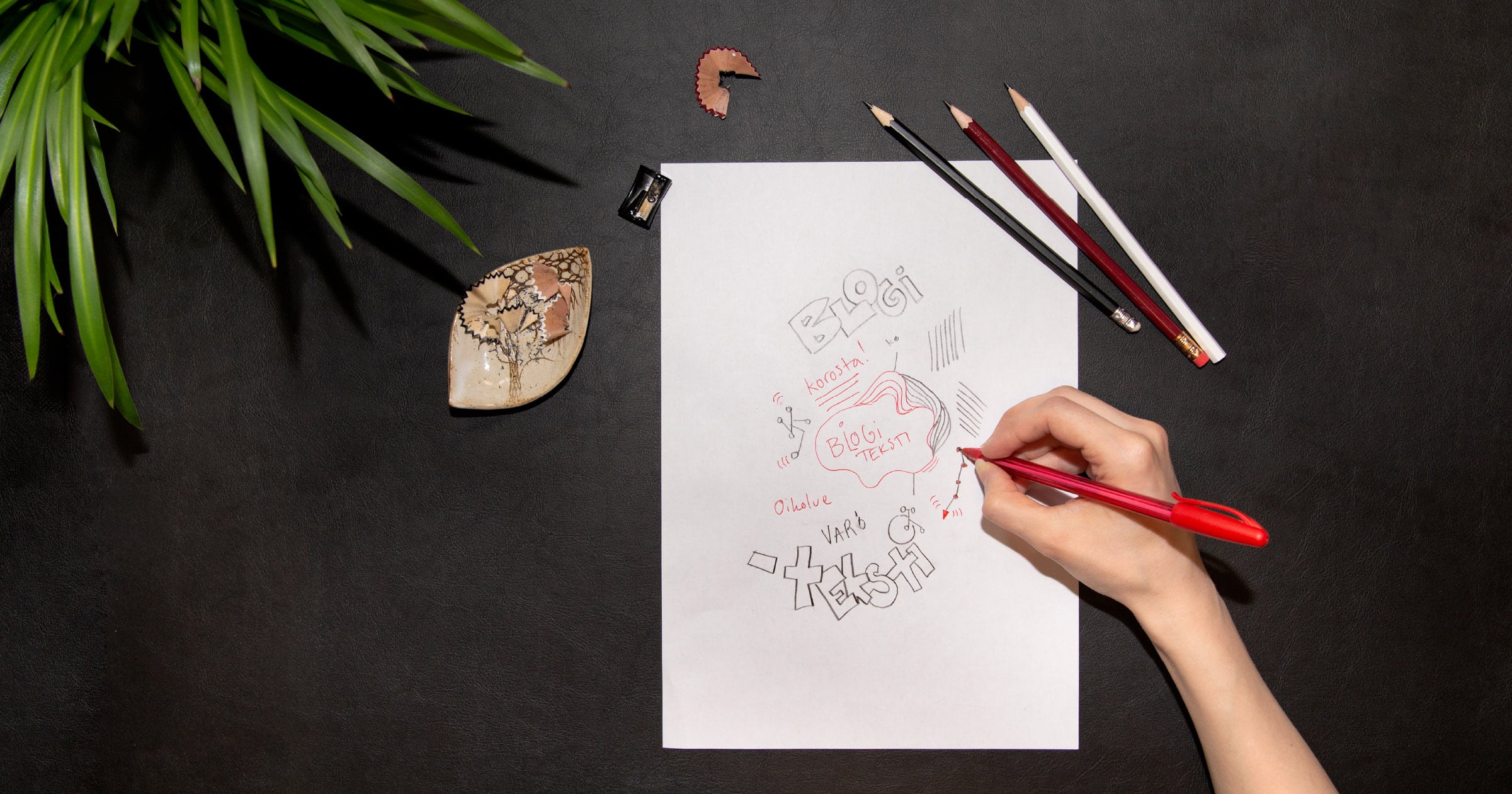 Valokuva, jossa käsi piirtämässä mindmapia aiheesta "Blogin kirjoittaminen".