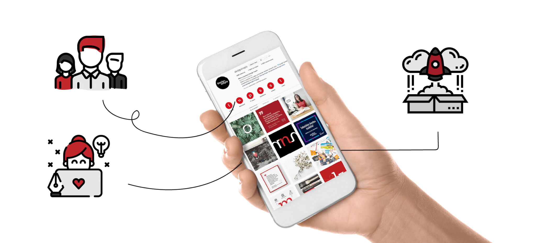 Kuvituskuva someviestinnästä, jossa kännykkä ja ikoneita