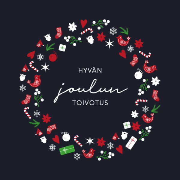 Graafinen joulukortti, tummalla taustalla valkoisia, punaisia ja vihreitä graafisia kuvia.