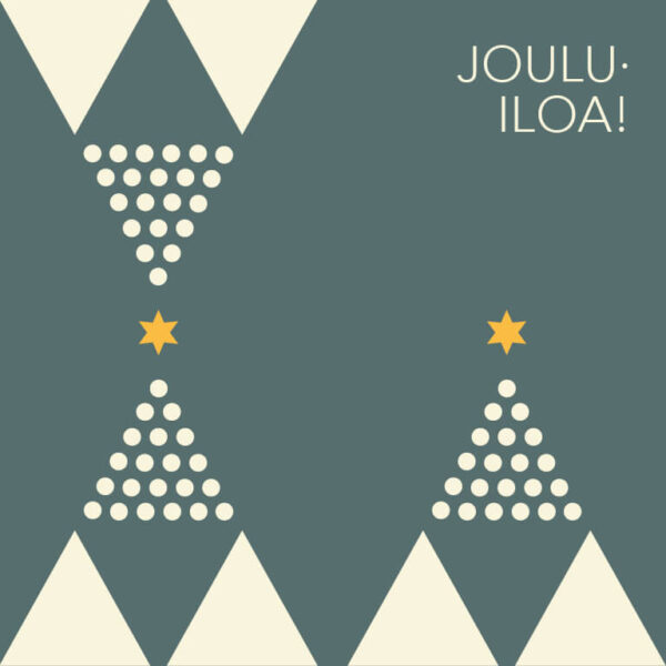 Graafinen, tyylitelty kortti jossa lumipalloja ja kuusen muotoja, tekstinä jouluiloa.
