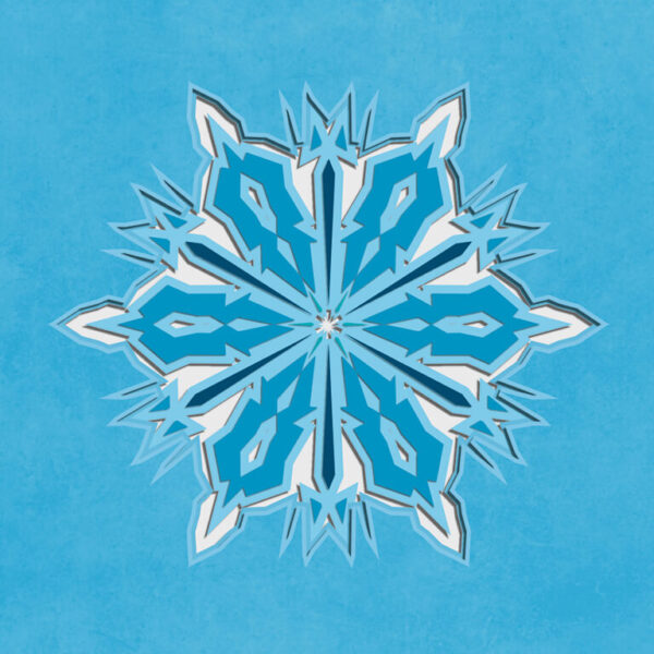 Graafinen joulukortti, jossa tyylitelty lumihiutale sinisellä taustalla.