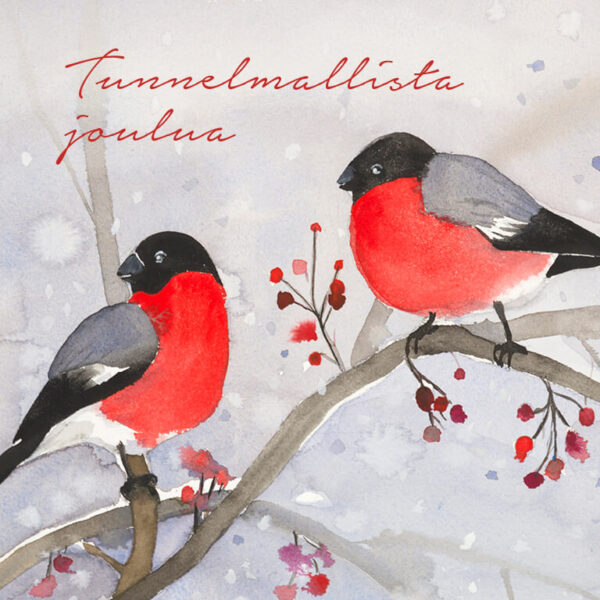 Akvarellikuva punatulkuista sekä teksti tunnelmallista joulua.