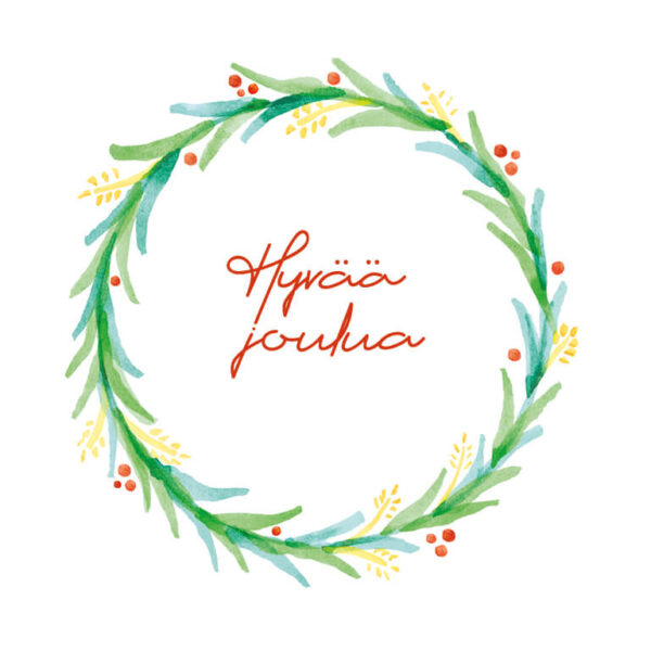 Maalattu kuva sirosta joulukranssista sekä teksti hyvää joulua.