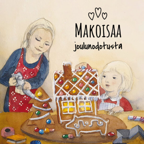 Maalaus kahdesta henkilöstä koristelemassa pipareita ja piparkakkutaloa.