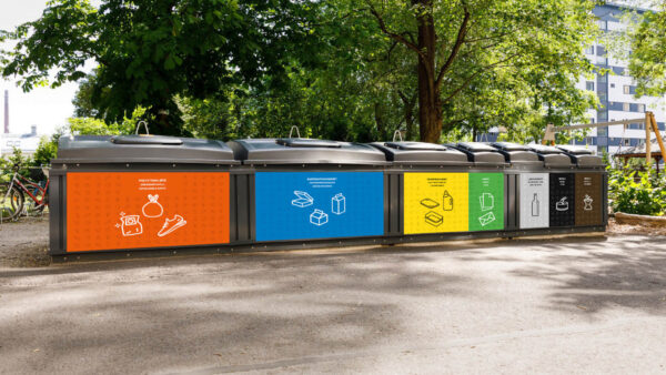 Jäteastioiden visuaalisen ilmeen suunnittelu: ilme muokattuna valokuvaan.