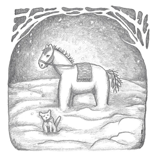 Lyijykynäpiirros lumihevosesta ja koirasta lumisateessa.