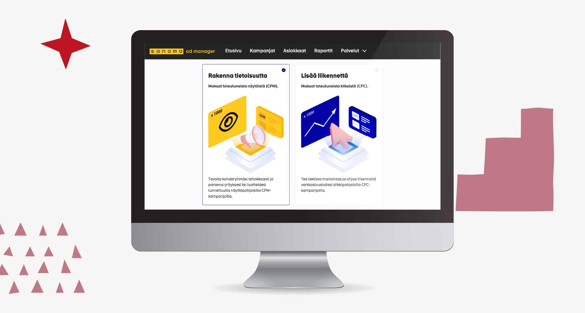 Näyttöruutu, jolla tyylitelty kuvankaappaus Sanoma Ad Manager -näkymästä.