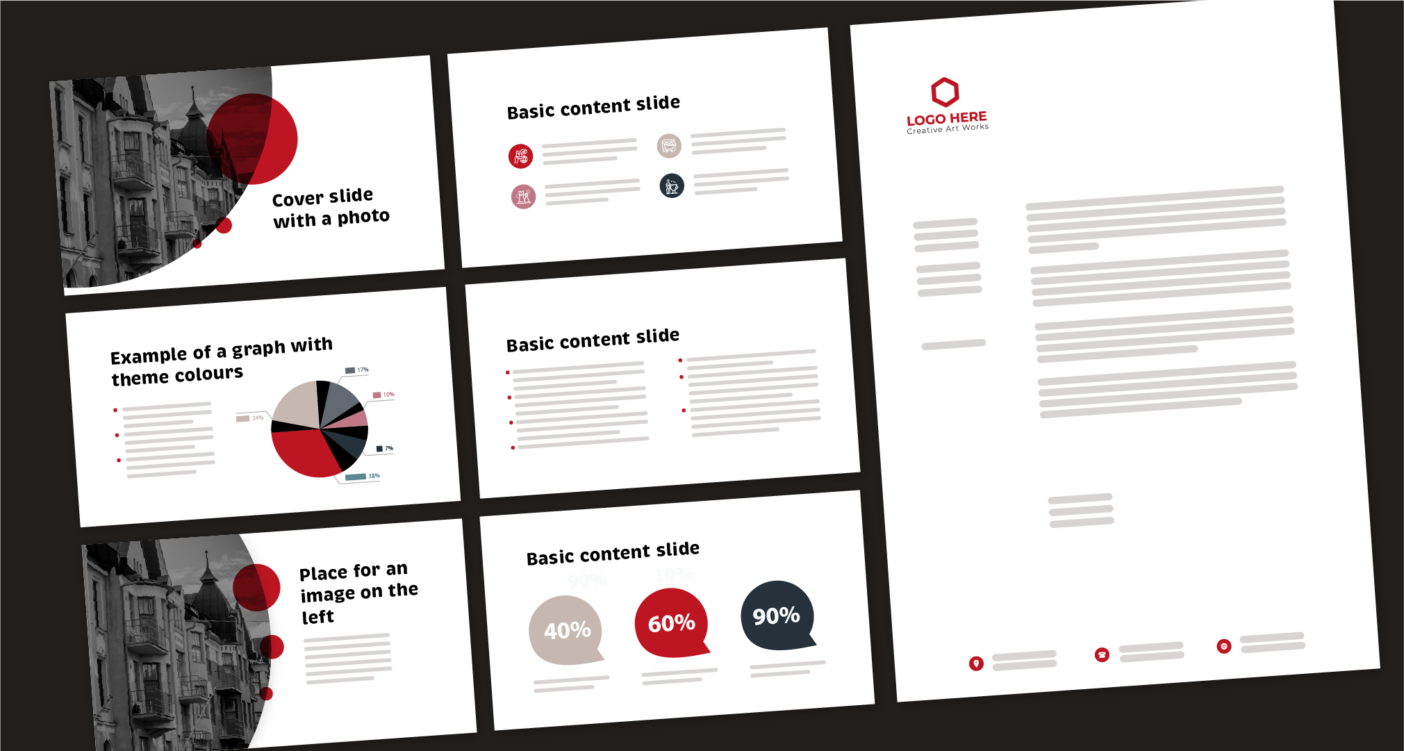 Pohjat viestintään: Esimerkki visuaalisesti yhtenäisestä brändätyistä esityspohjista ja asiakirjamallista. Kuvassa on mustavalkoista ja punaista hyödyntäviä dioja, joissa on otsikot, ikonit, kaavio ja kuvia.