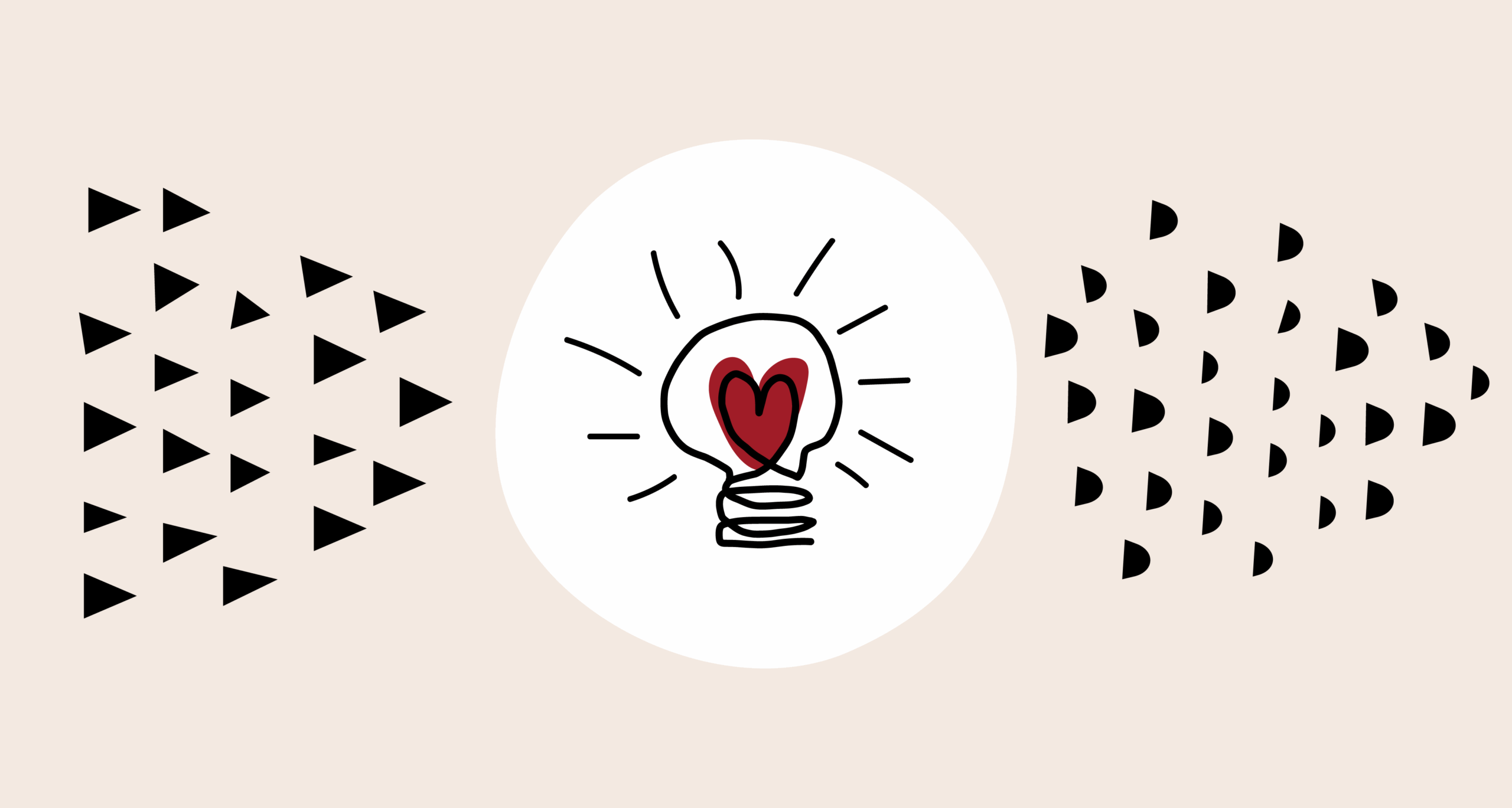 Sisällöntuottajan työkalut -artikkelin kuvituskuva, jossa idealamppu, jonka sisällä punainen sydän.