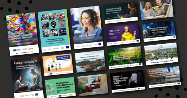 Kollaasi eri organisaatioille tehdyistä julkaisuista – oppaita, raportteja ja hankejulkaisuja – joiden värikkäät kannet muodostavat ruudukon tummalla taustalla.