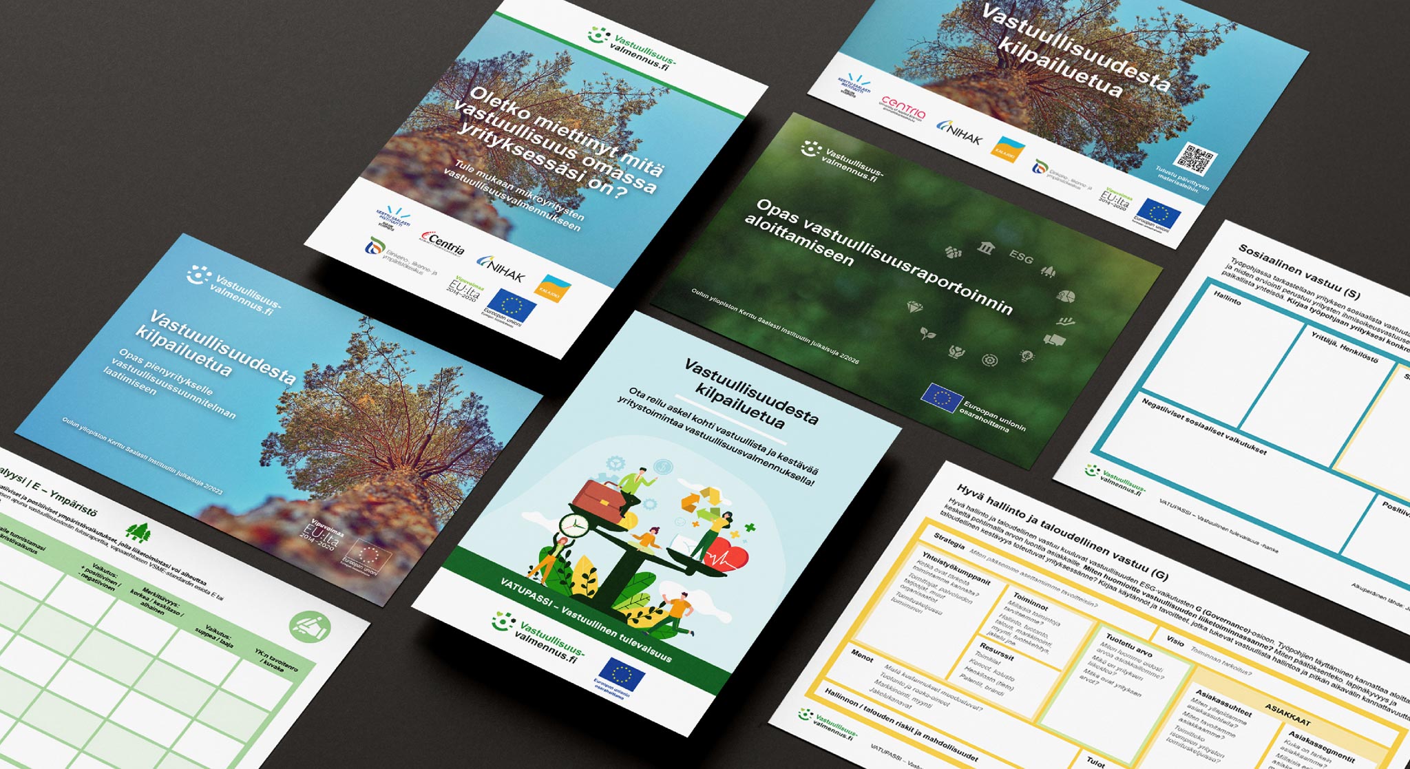 Vatupassi ja ViVa-hankkeiden materiaaleja levitettynä tummalle pinnalle: esitteitä, oppaita ja työkirjoja, joiden aiheina ovat yritysvastuullisuus, ESG-raportointi ja vastuullisuussuunnitelma yrityksille.