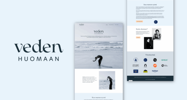 Veden huomaan -projektin logo ja verkkosivun ulkoasu. Tummansininen veden-tekstilogo vaaleansinisellä taustalla, vieressä kaksi näkymää verkkosivusta, jossa merenrantakuvia, tanssijan valokuvia ja yhteistyökumppaneiden logot.