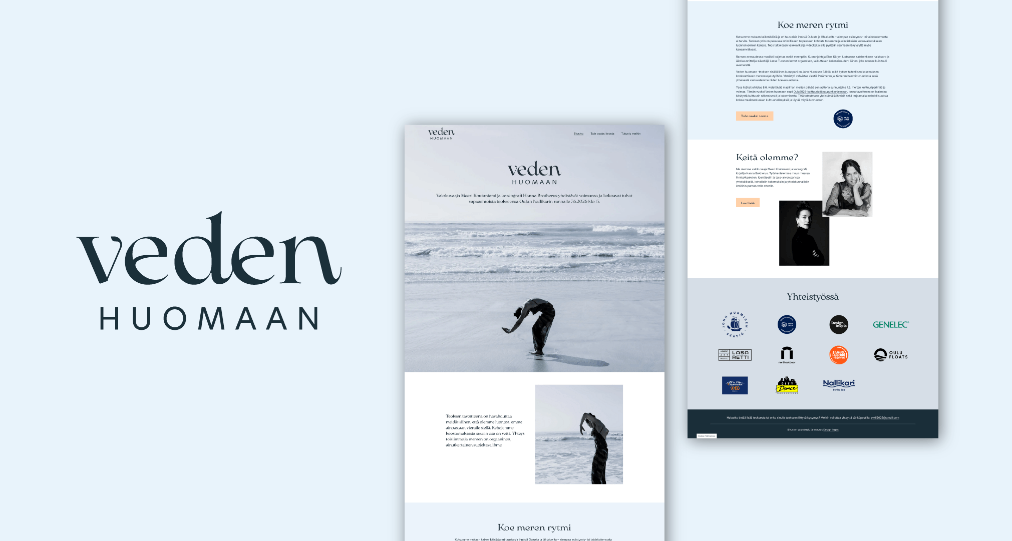 Veden huomaan -projektin logo ja verkkosivun ulkoasu. Tummansininen veden-tekstilogo vaaleansinisellä taustalla, vieressä kaksi näkymää verkkosivusta, jossa merenrantakuvia, tanssijan valokuvia ja yhteistyökumppaneiden logot.